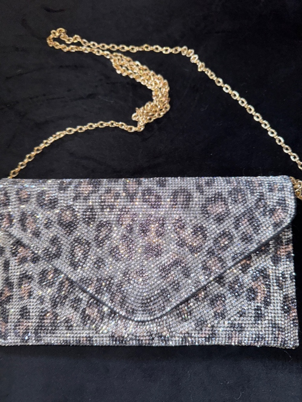 Crystal Leopard Envelope Crossbody Clutch - Gold Chain